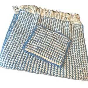 Vintage Crochet Baby Blanket & Head Rest Pad Tummy Time Blue Vanilla Cream Knit